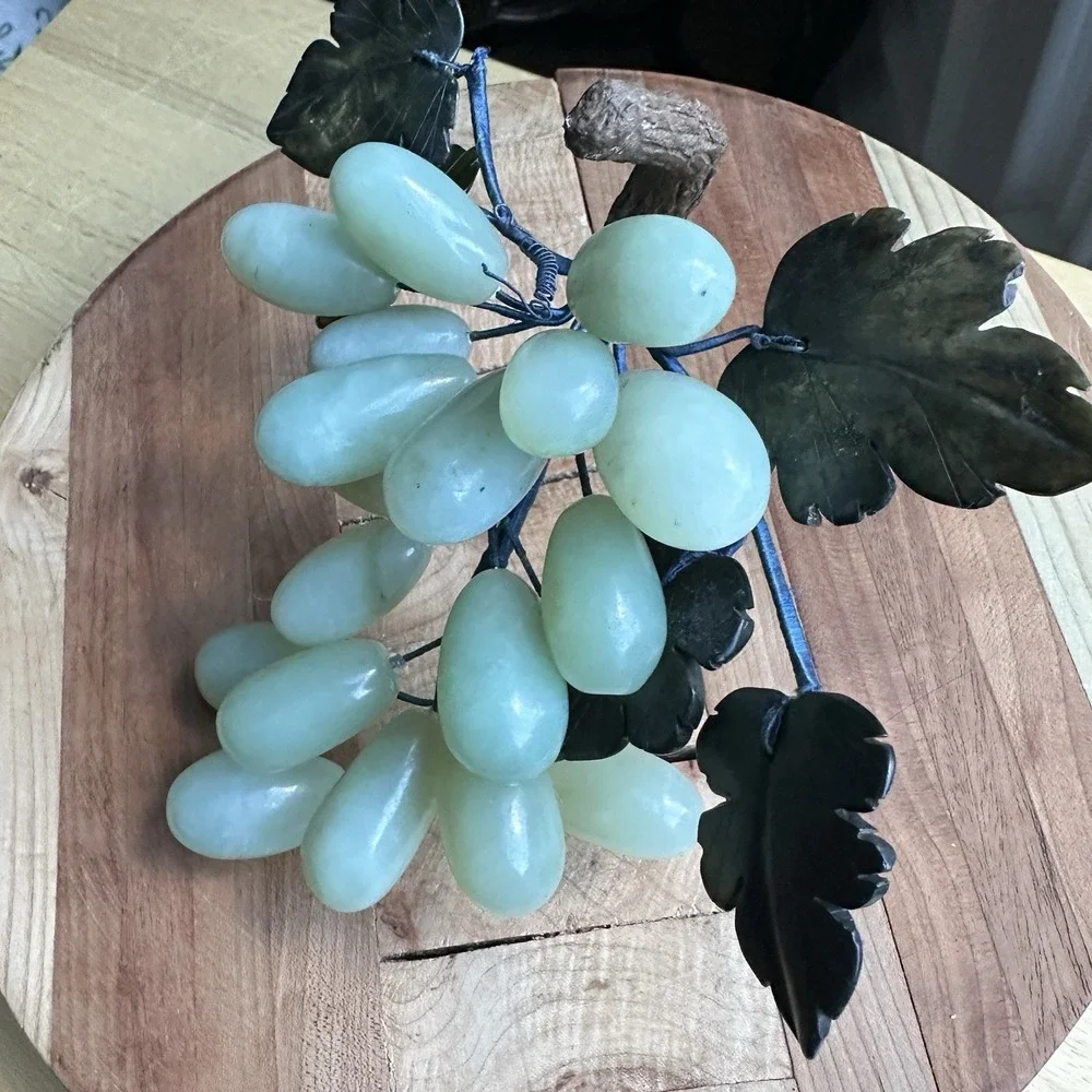 Vintage Grape Cluster 7 Inch Nephrite Jade Alabaster Leaves Mid Century Decor